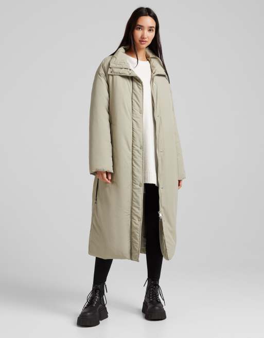Bershka belted nylon padded coat in khaki, 4 of 4