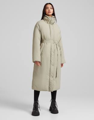Bershka Belted Nylon Padded Coat In Khakigreen ModeSens