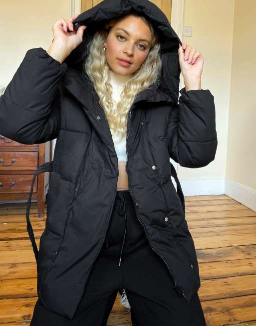 Bershka belted padded puffer jacket with hood in black ASOS