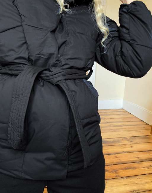 Bershka belted padded puffer jacket with hood in black new arrivals