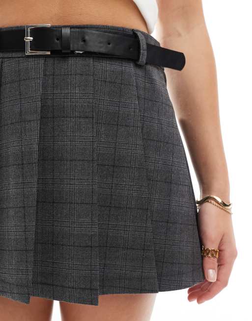 Bershka belted pleated tailored skirt in gray check | ASOS