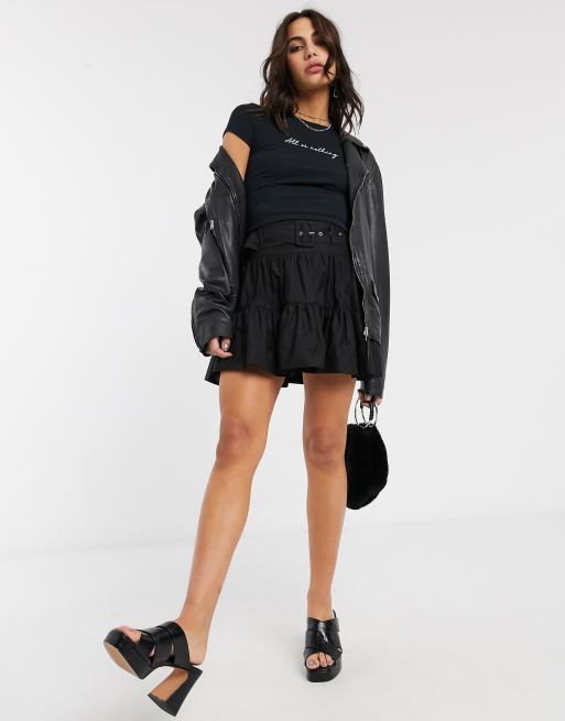 Bershka belted poplin skirt in black