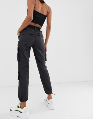 bershka belted utility trouser in black