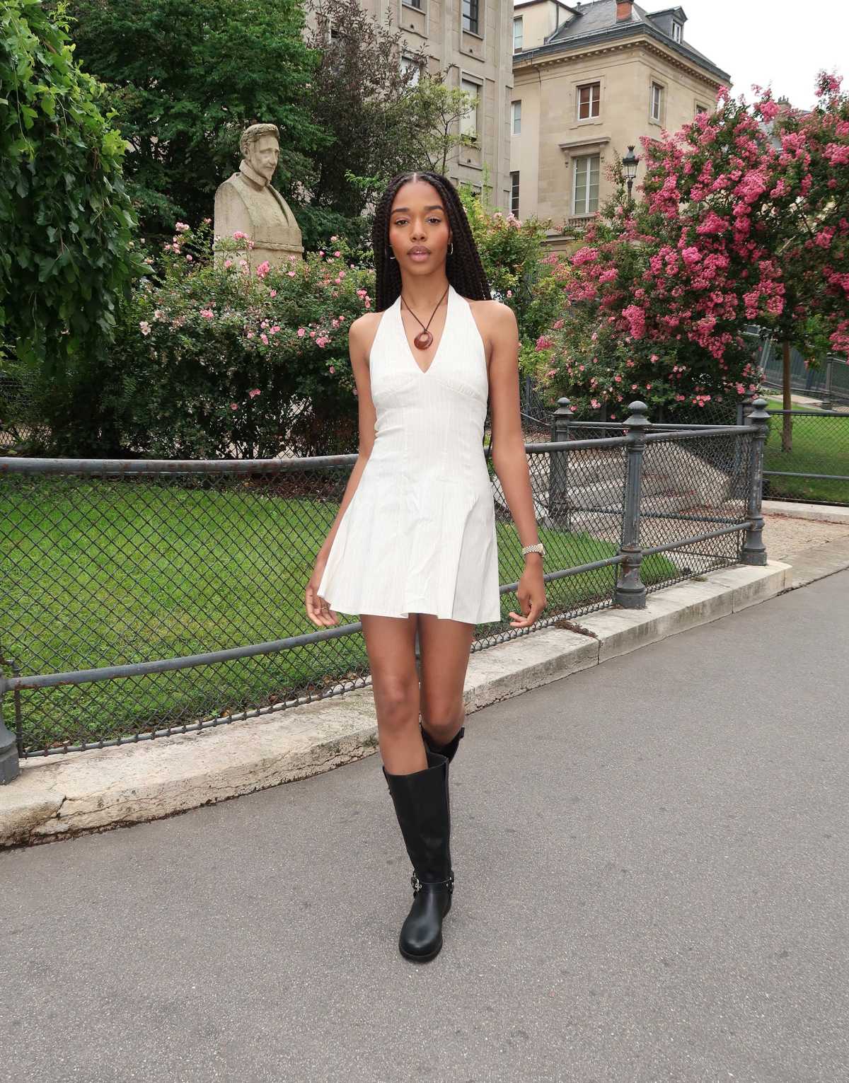 Bershka Bengaline halter mini dress in beige
