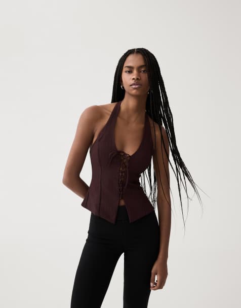 Bershka Bengaline halter top in red - view 1