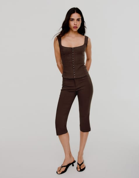 Bershka Bengaline strappy top in brown - view 1