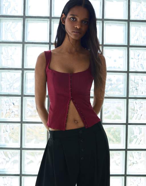 Bershka Bengaline strappy top in burgundy, 2 of 5