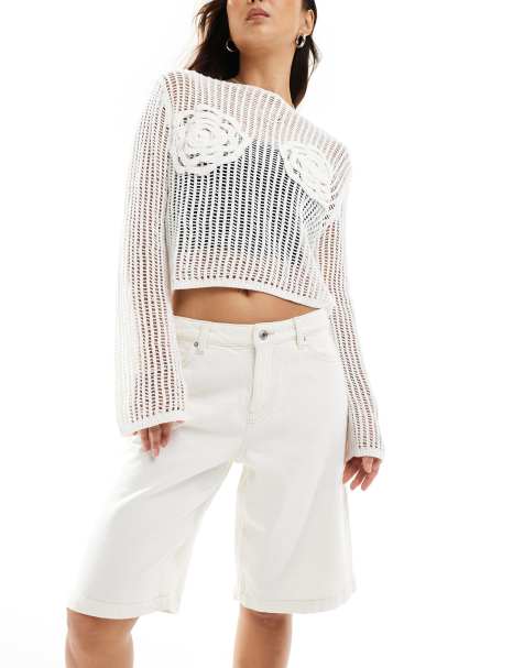 Bershka – Bermuda-Denimshorts in Ecru mit hohem Bund - view 1