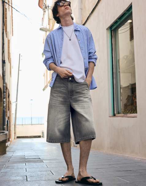 Bershka - Bermuda en jean style skate - Gris clair - view 1