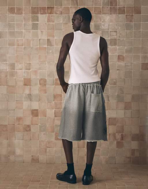Bershka - Bermuda in jersey grigio chiaro slavato con stampa, 2 di 4