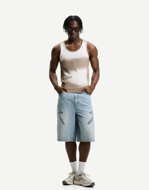 Bershka Bermuda jorts with star patches in mid blue - view 1