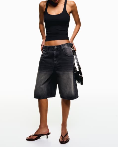 Bershka - Bermuda neri in denim a palloncino - view 1