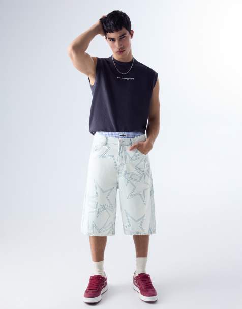 Bershka - Bermuda ultra baggy en jean à motif étoiles - Bleu clair - view 1