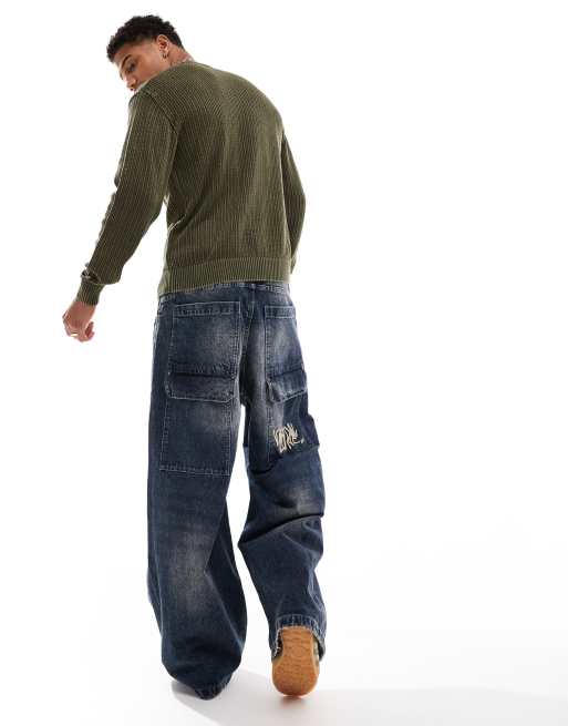 Bershka – Besonders weit geschnittene Jeans in Dunkelblau mit Stickerei, 3 von 5