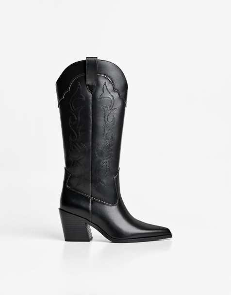 Bershka – Bestickte Cowboystiefel in Schwarz mit hohem Absatz - view 1