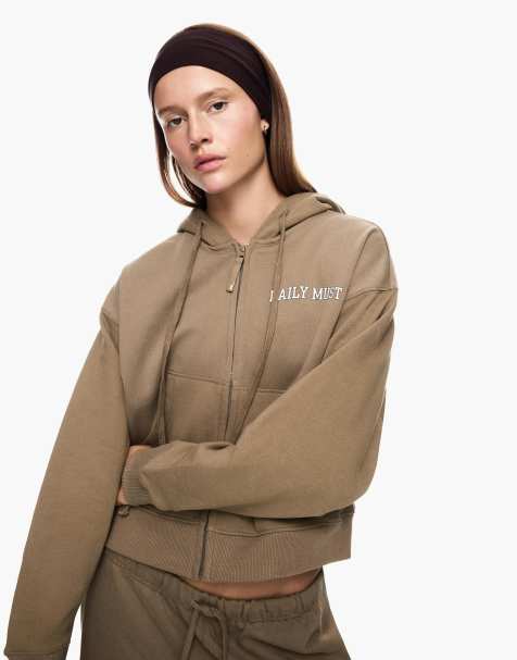 Bershka – Bestickte Kapuzenjacke in Braun mit Reißverschluss - view 1