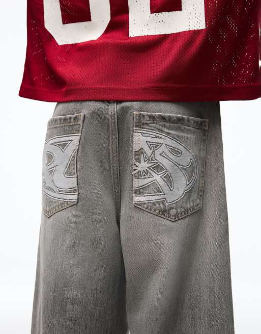 Bershka bestickte Neobarrel-Jeans in Hellgrau, 4 von 4