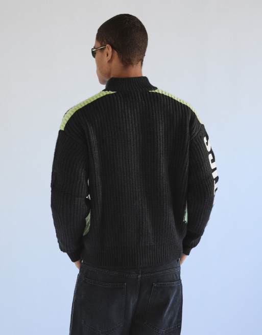 Bershka bestickte Strickjacke mit Reißverschluss in Schwarz, 4 von 6