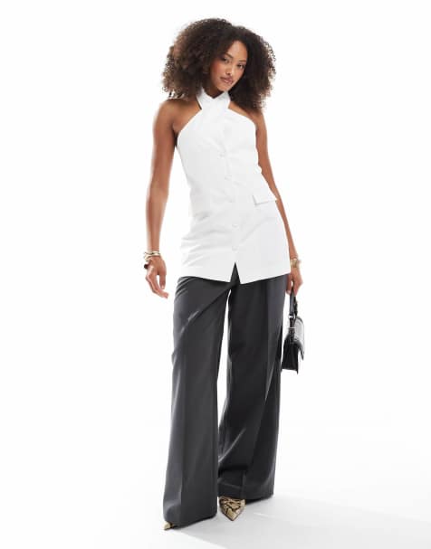 Bershka longline halterneck tailored waistcoat in white