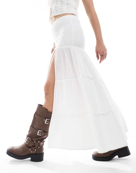 Bershka shirred waist tiered maxi skirt in white