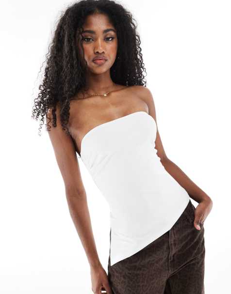 Bershka – Biały asymetryczny top z dekoltem bandeau - view 1