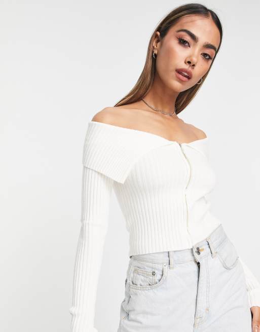 Bershka – Biały dzianinowy top na zamek z dekoltem bardot