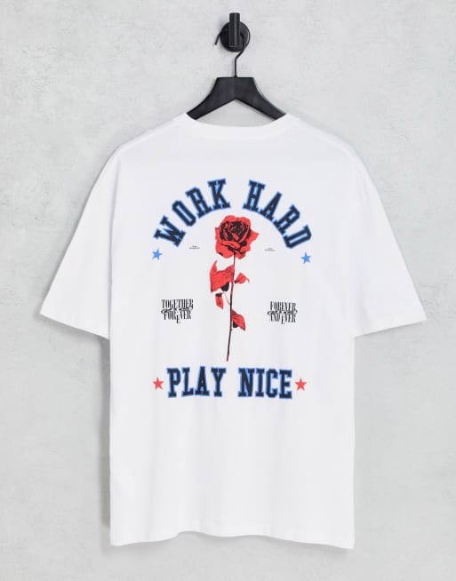 Bershka – Biały T-shirt oversize z gotyckim nadrukiem róży