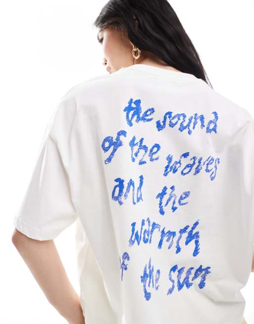 Bershka – Biały T-shirt oversize z nadrukiem z motywem gwiazd