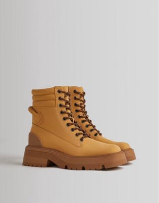 Bershka biker ankle boots with lace front in camel