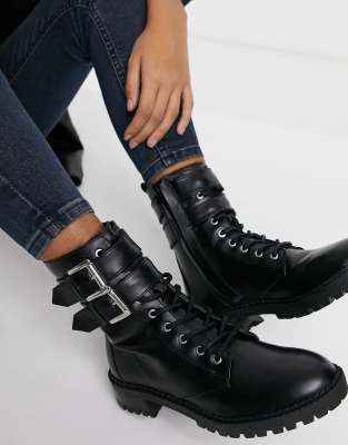 Bershka Biker Boot With Buckle Detail In Black