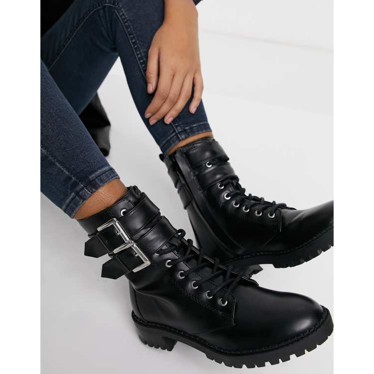 Bershka biker boot with buckle detail in black