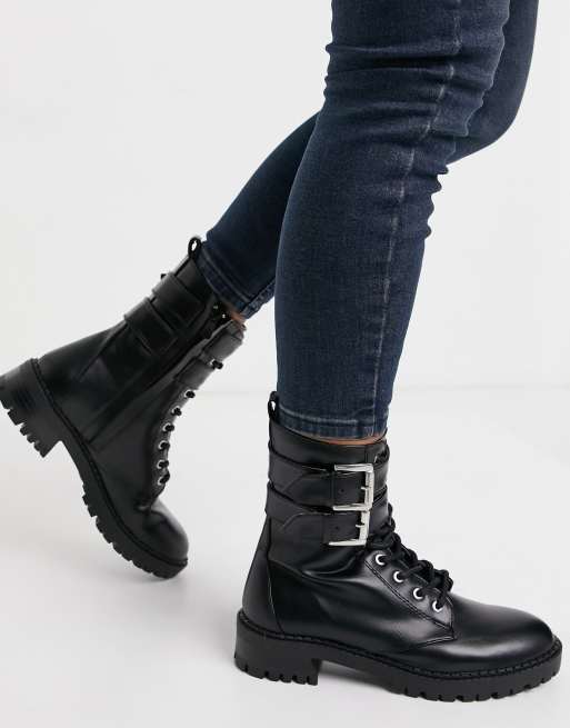 Bershka biker boot with buckle detail in black