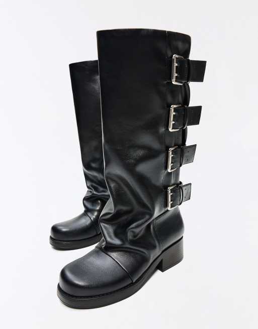 Bershka Biker boot with buckles in black, 3 of 6