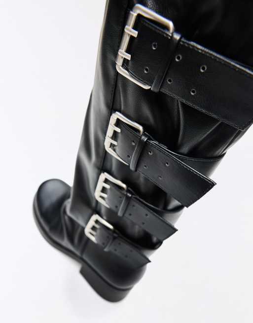 Bershka Biker boot with buckles in black, 4 of 6