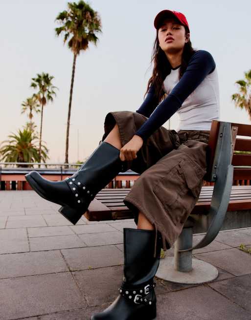 Bershka biker boots med nitar i svart, 7 av 7