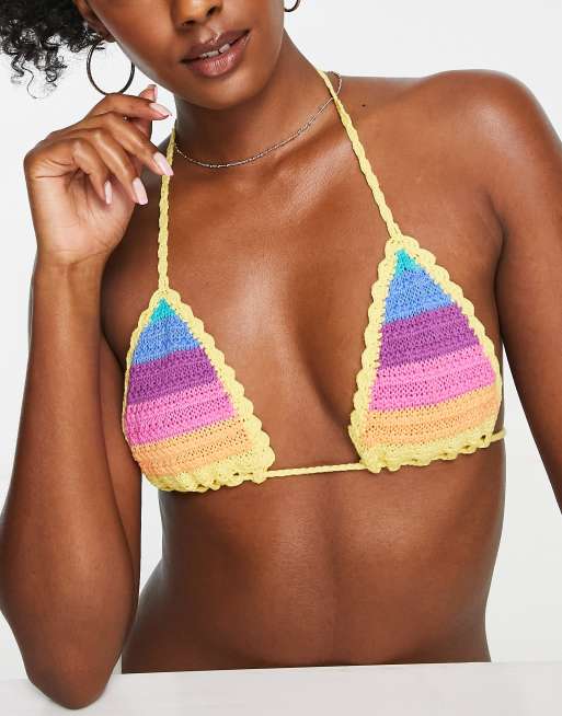 Bershka bikini crochet bralet in multi stripe (part of a set)