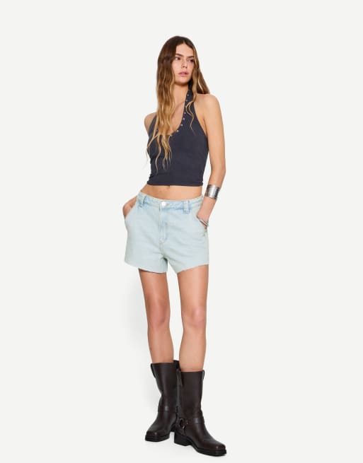 Bershka - Blå bermudashorts i denim i skaterstil, 3 af 4