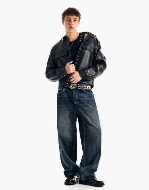 Bershka – Blå, broderade jeans med extra baggy passform - view 1