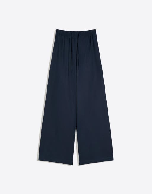 Bershka - Blå bukser i hørblanding med elastisk taljebånd, 4 af 4