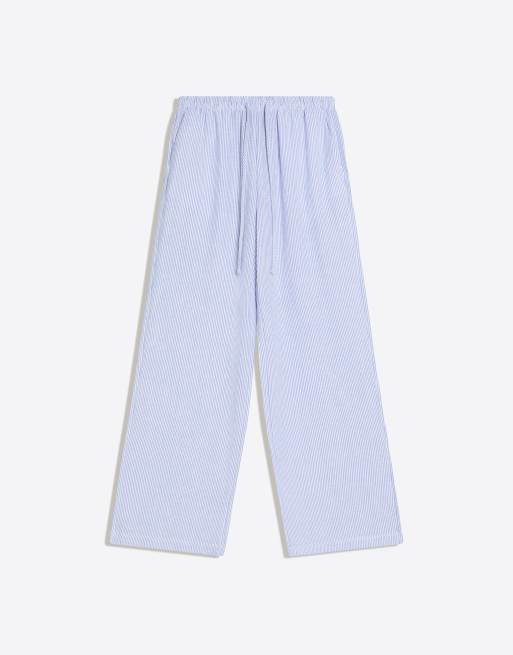 Bershka – Blå byxor i linnemix med elastiskt midjeband, 4 av 4