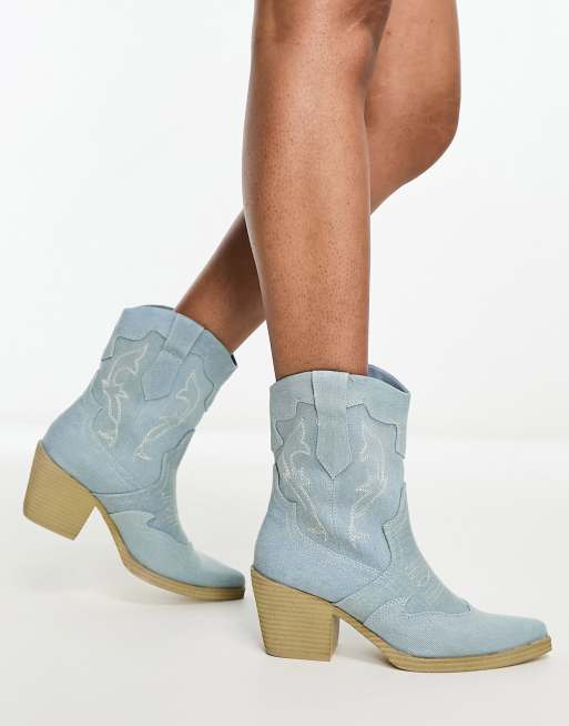 Bershka – Blå cowboy-boots i denim