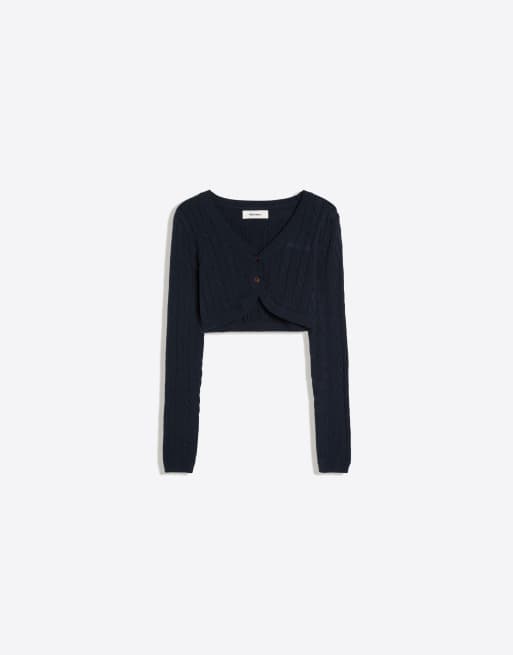 Bershka - Blå cropped jakke i kabelstrik, 4 af 4