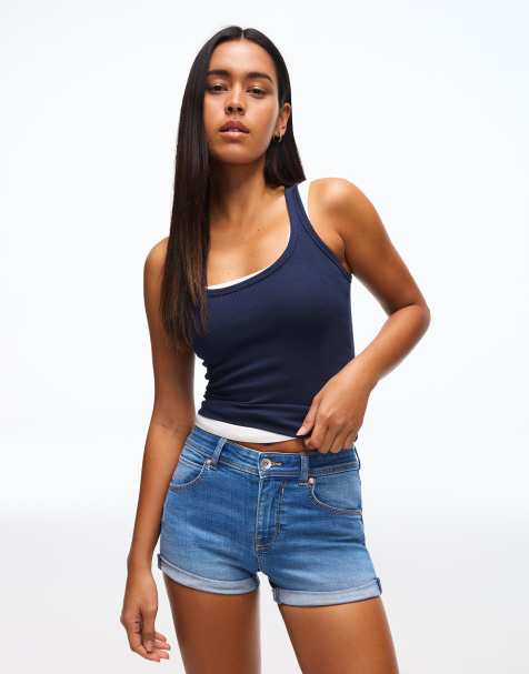 Bershka - Blå denimshorts med opsmøgede kanter - view 1