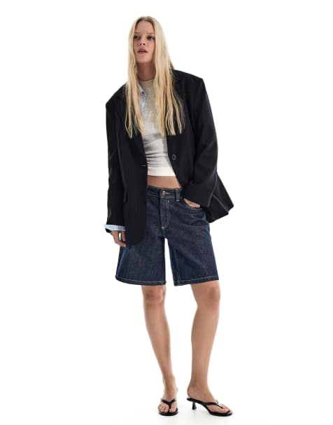 Bershka – Blå, dubbelknäppt kavaj med randigt mönster - view 1