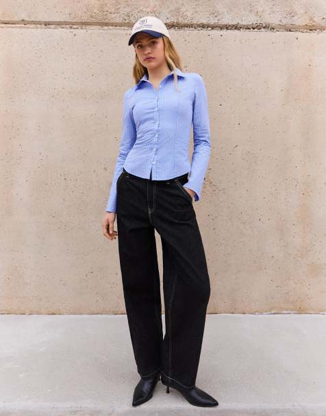 Bershka – Blå, figursydda skjorta med utsvängda ärmar - view 1