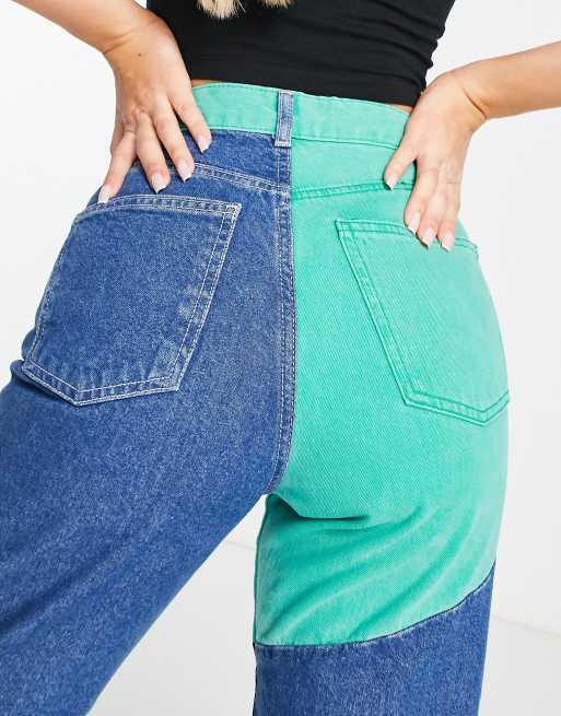 Bershka – Blå, gröna och svarta jeans i lappad stil med vida ben, 2 av 4