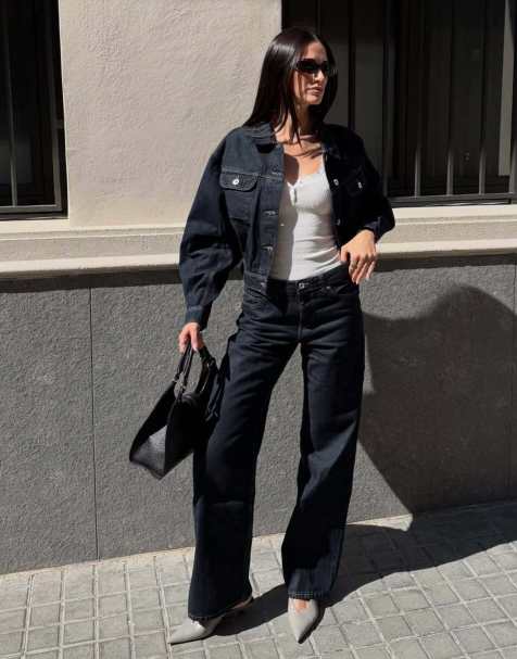 Bershka – Blå, kort jeansjacka med ballongärmar - view 1