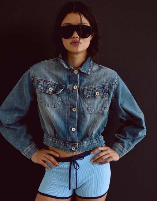 Bershka – Blå, kort jeansjacka med ballongärmar, 2 av 5