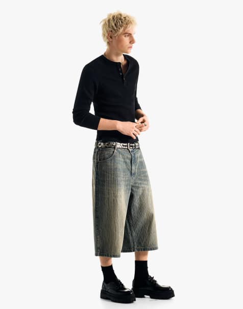 Bershka – Blå, långa jeansshorts i superbaggy bermudastil - view 1