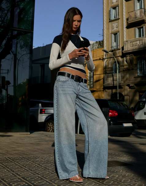 Bershka - Blå lavtaljede jeans med brede ben - view 1
